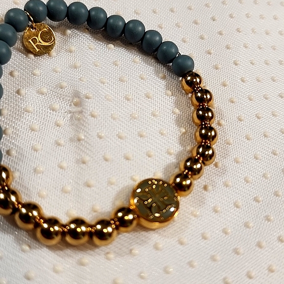 Rustic Cuff Beautiful Ligh Blue and Gold Beaded Bracelet - Picture 3 of 7